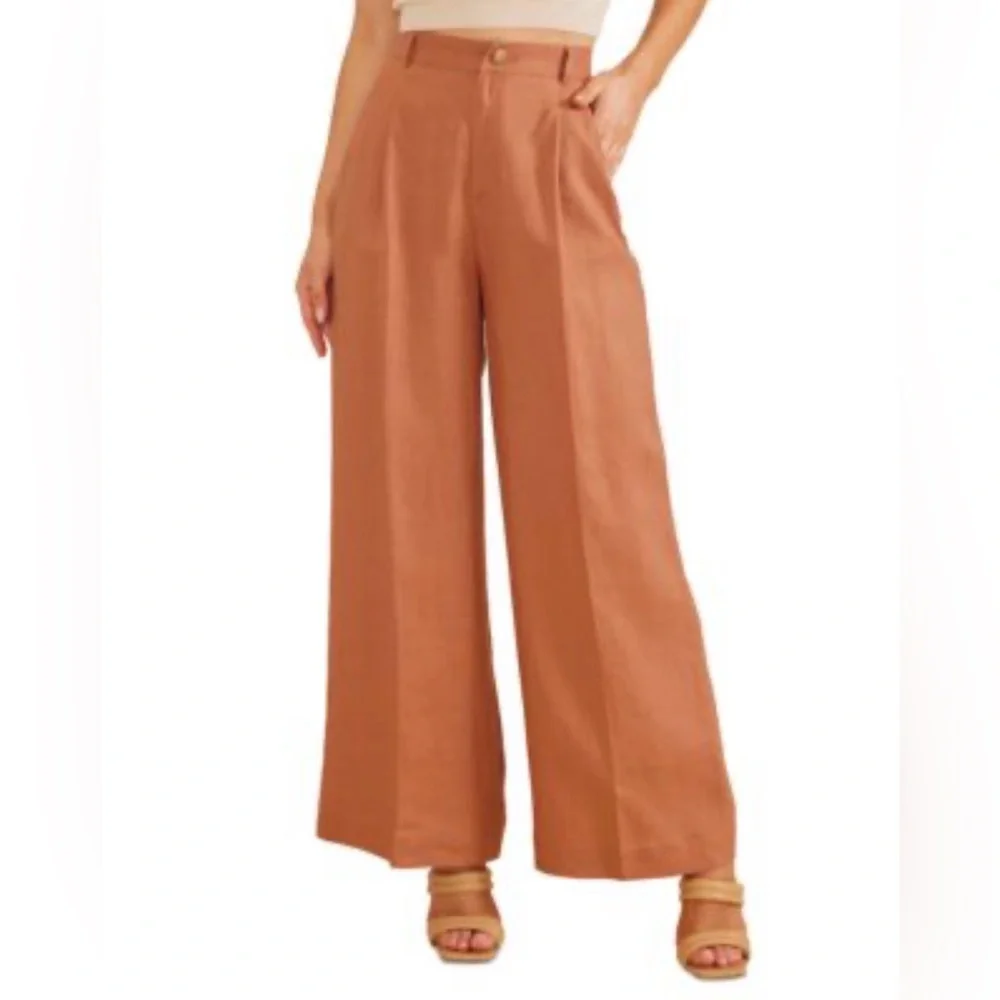 MinkPink 100% Linen Dylan Wide Leg Pants Pink High Ankle Crop Pleated 32 Waist